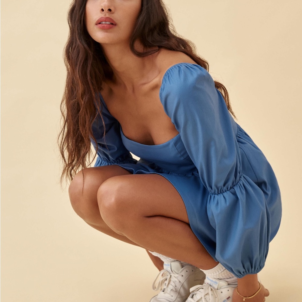 Reformation Michaela Mini Dress in Azure Blue Organic Cotton Sz 4 - Picture 2 of 10